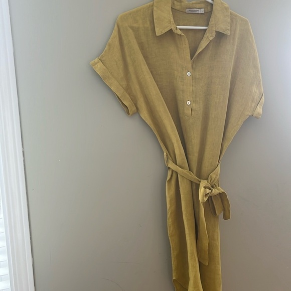 Marisa & Marie Linen Yellow Short Sleeve Mid Length Dress with Waist String - Picture 7 of 9